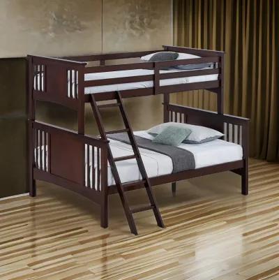 Ricky Twin Over Full Bunk Bed, Angled Ladder, Dark Brown Solid Hardwood