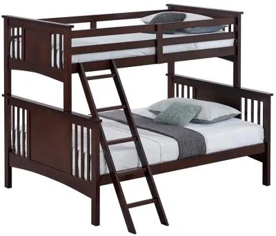 Ricky Twin Over Full Bunk Bed, Angled Ladder, Dark Brown Solid Hardwood