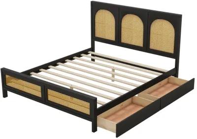 Queen Size Wood Storage Platform Bed With 2 Drawers, Rattan Headboard And Footboard