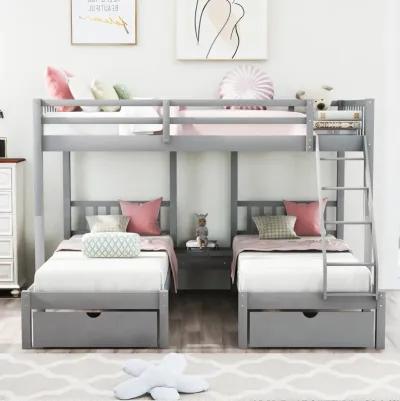 Full Over Twin & Twin Bunk Bed, Wood Triple Bunk Bed With Drawers And Guardrails