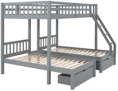 Full Over Twin & Twin Bunk Bed, Wood Triple Bunk Bed With Drawers And Guardrails