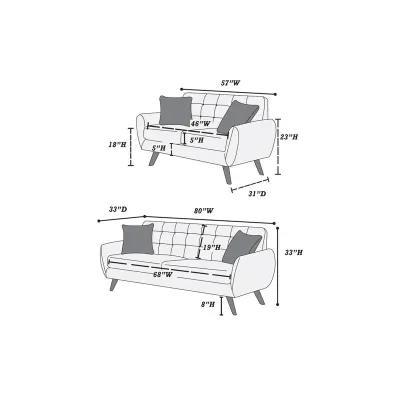 Grey Polyfiber Sofa And Loveseat 2pc Sofa Set Living Room Furniture Plywood Tufted Couch Pillows