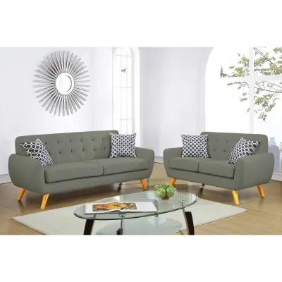 Grey Polyfiber Sofa And Loveseat 2pc Sofa Set Living Room Furniture Plywood Tufted Couch Pillows