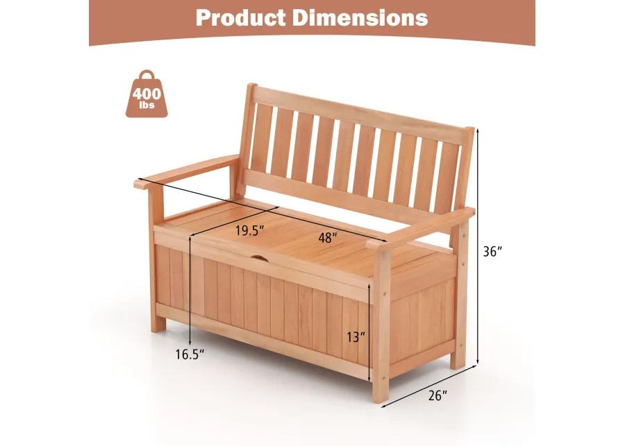 48 Inch Patio Hardwood Storage Bench with Slatted Backrest