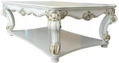 Benjara Jess 58 Inch Coffee Table, Square, Traditional Scrolled Legs, Brushed, White and Gold