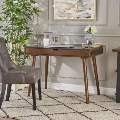 Mid-Century Modern Rubberwood Faux Wood Desk with Large Drawer