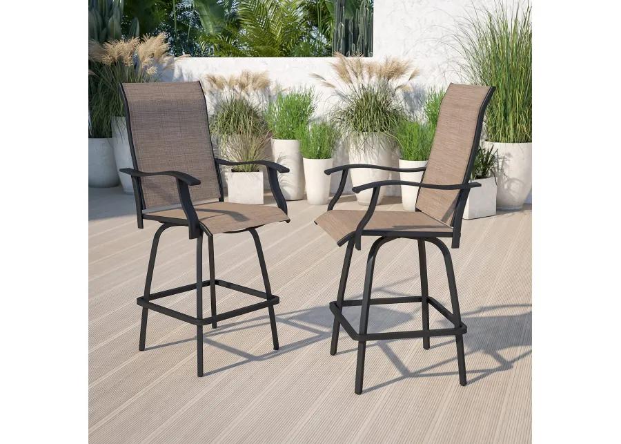 Flash Furniture Valerie Patio Bar Height Stools Set of 2, All-Weather Textilene Swivel Patio Stools with High Back & Armrests in Brown