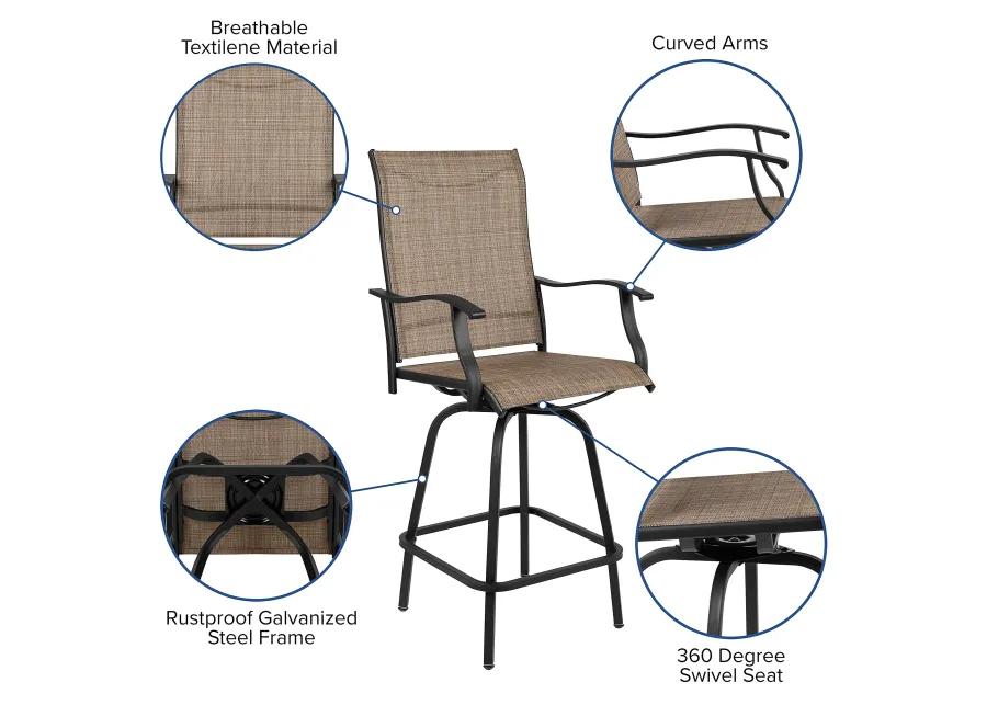 Flash Furniture Valerie Patio Bar Height Stools Set of 2, All-Weather Textilene Swivel Patio Stools with High Back & Armrests in Brown