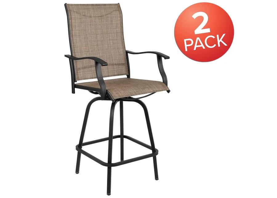 Flash Furniture Valerie Patio Bar Height Stools Set of 2, All-Weather Textilene Swivel Patio Stools with High Back & Armrests in Brown