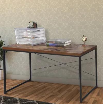 Rectangular Wooden Desk With Metal Base, Weathered Oak Brown And Black-Benzara