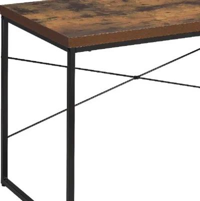 Rectangular Wooden Desk With Metal Base, Weathered Oak Brown And Black-Benzara