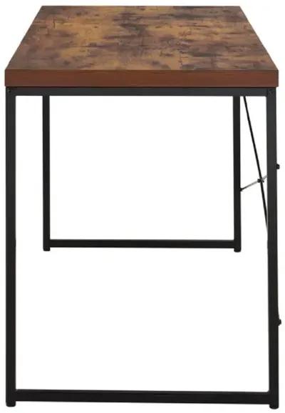 Rectangular Wooden Desk With Metal Base, Weathered Oak Brown And Black-Benzara