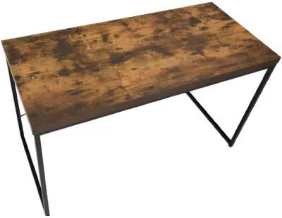 Rectangular Wooden Desk With Metal Base, Weathered Oak Brown And Black-Benzara