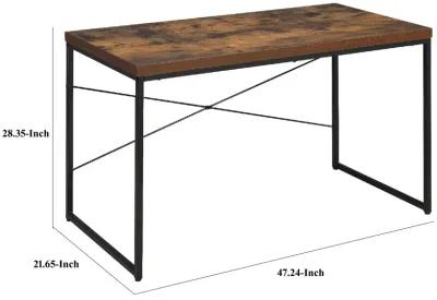 Rectangular Wooden Desk With Metal Base, Weathered Oak Brown And Black-Benzara