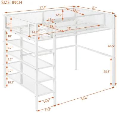 Twin Size Metal Loft Bed With 4Tier Shelves And Storage, White