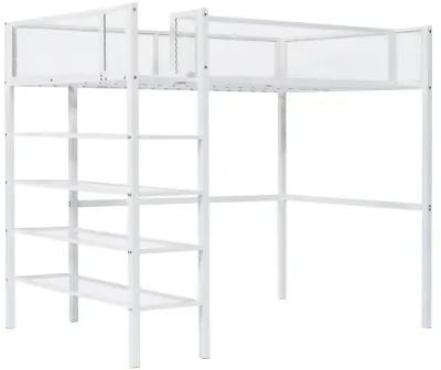 Twin Size Metal Loft Bed With 4Tier Shelves And Storage, White