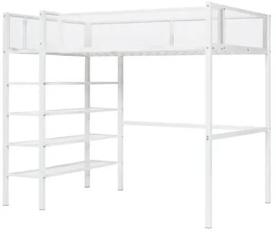 Twin Size Metal Loft Bed With 4Tier Shelves And Storage, White