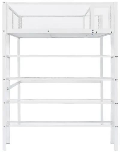 Twin Size Metal Loft Bed With 4Tier Shelves And Storage, White