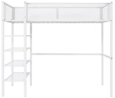 Twin Size Metal Loft Bed With 4Tier Shelves And Storage, White