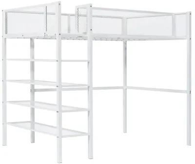 Twin Size Metal Loft Bed With 4Tier Shelves And Storage, White