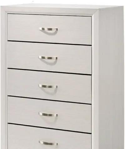 Transitional 5 Drawer Chest with Curved Handle and Chamfered Feet, White - Benzara