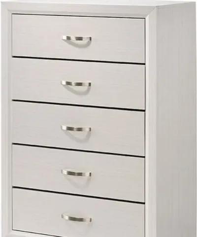 Transitional 5 Drawer Chest with Curved Handle and Chamfered Feet, White - Benzara