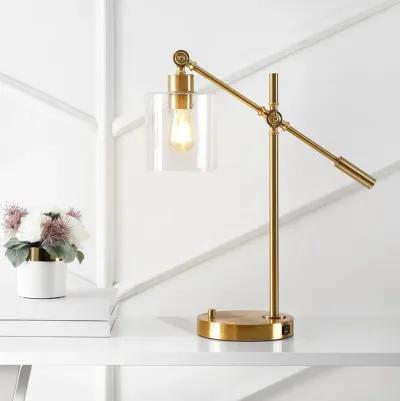 Kathryn Classic 23" Iron/Seeded Glass Adjustable Head Modern USB Charging LED Task Lamp, Brass Gold