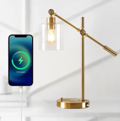 Kathryn Classic 23" Iron/Seeded Glass Adjustable Head Modern USB Charging LED Task Lamp, Brass Gold