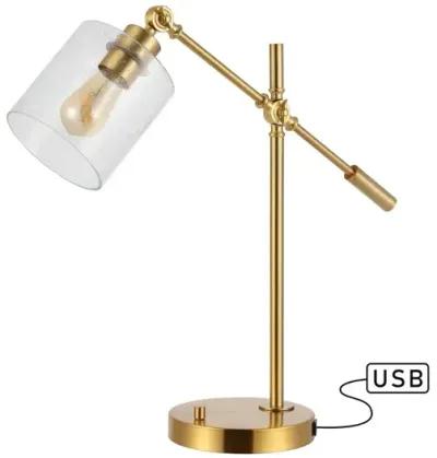 Kathryn Classic 23" Iron/Seeded Glass Adjustable Head Modern USB Charging LED Task Lamp, Brass Gold