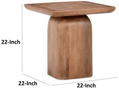 Loe 22 Inch Side End Table, Square Top with Pedestal Base, Solid Mango Wood - Benzara