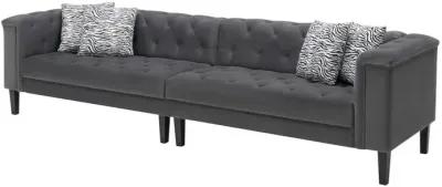 Aki 120 Inch Modern 4 Seater Sofa, Deep Button Tufting, Gray Velvet Fabric-Benzara