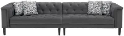 Aki 120 Inch Modern 4 Seater Sofa, Deep Button Tufting, Gray Velvet Fabric-Benzara