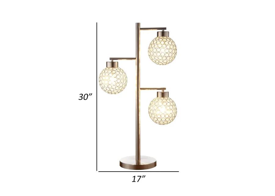 Fern 30 Inch Table Lamp with 3 Crystal Orb Shades, Metal, Sand Chrome-Benzara