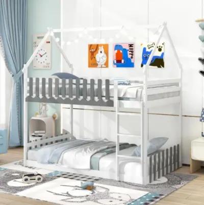 Twin Over Twin Bunk Bed with Fence and Ladder for Kids-Grey