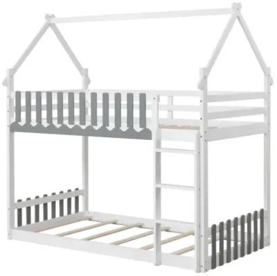 Twin Over Twin Bunk Bed with Fence and Ladder for Kids-Grey