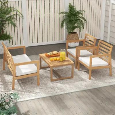 4 Piece Wood Patio Conversation Set with 2 Armchairs and Coffee Table-White