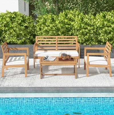 4 Piece Wood Patio Conversation Set with 2 Armchairs and Coffee Table-White