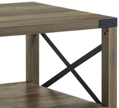 Eli 47 Inch Wood Coffee Table, Metal Brackets, Cross Bars, Rustic Oak Brown-Benzara