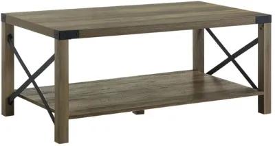 Eli 47 Inch Wood Coffee Table, Metal Brackets, Cross Bars, Rustic Oak Brown-Benzara