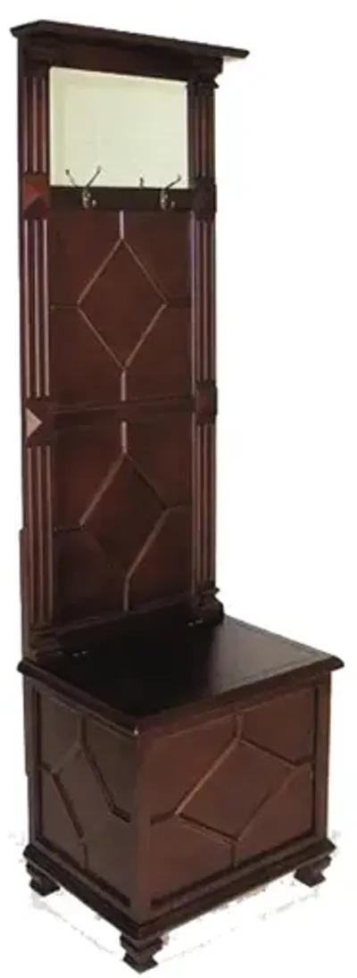 Molded Wooden Frame Hall Tree with Lift Top Box and Mirror Insert, Brown-Benzara