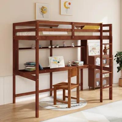 Twin Size Solid Wood Slatted Loft Bed Frame with Safety Guardrail for Kid