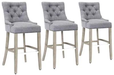 WestinTrends 29" Linen Fabric Tufted Upholstered Bar Stool (Set of 3), Antique Grey