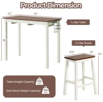 Hivvago 3-Piece Bar Table Set with 2 Wine Holders and Wooden Legs-White