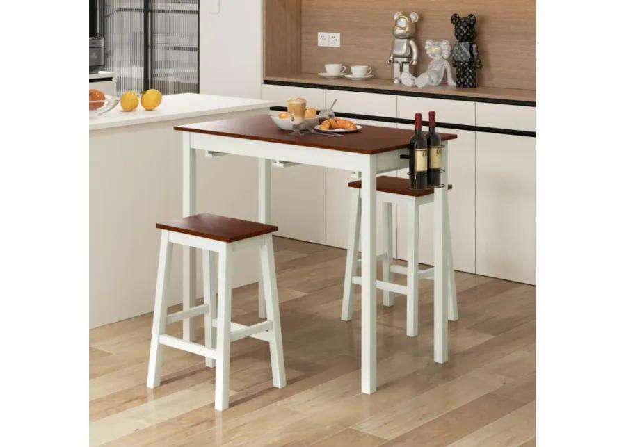 Hivvago 3-Piece Bar Table Set with 2 Wine Holders and Wooden Legs-White