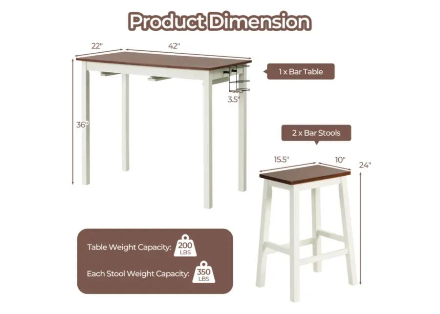 Hivvago 3-Piece Bar Table Set with 2 Wine Holders and Wooden Legs-White