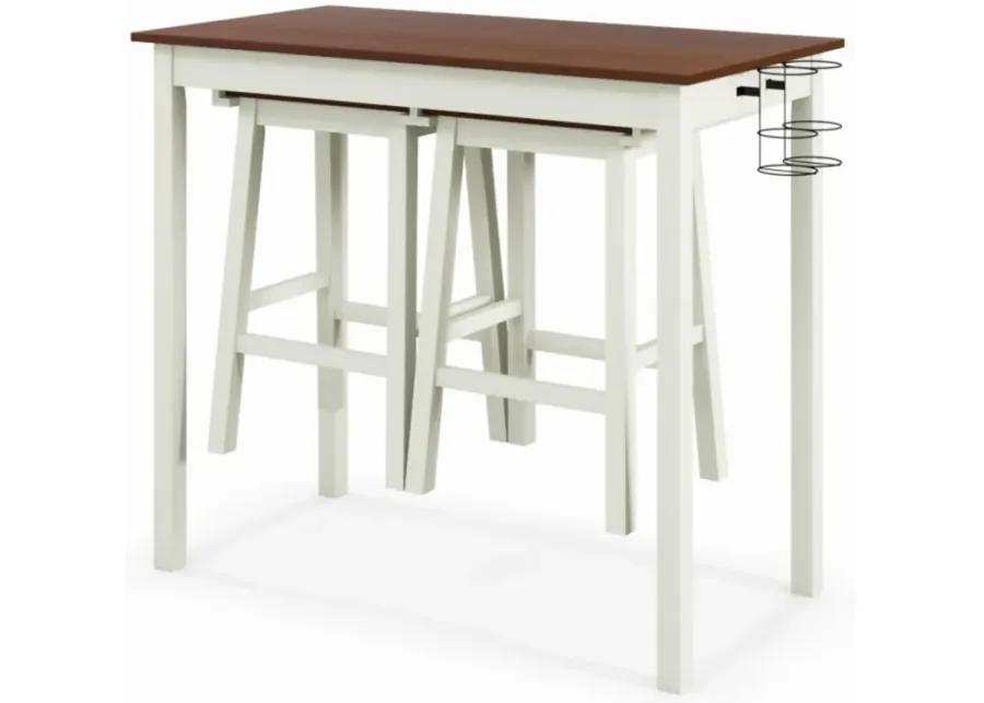 Hivvago 3-Piece Bar Table Set with 2 Wine Holders and Wooden Legs-White