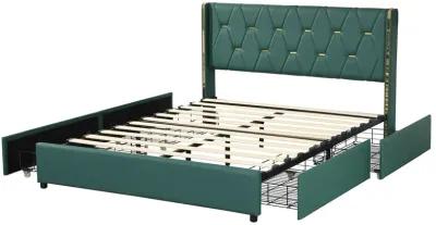 Full Size Upholstered Bed Frame with 4 Drawers-Green