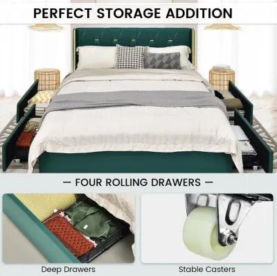 Full Size Upholstered Bed Frame with 4 Drawers-Green