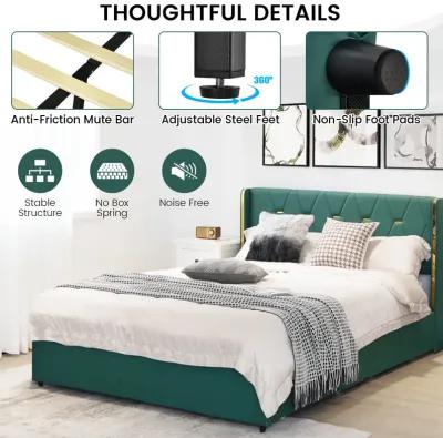 Full Size Upholstered Bed Frame with 4 Drawers-Green