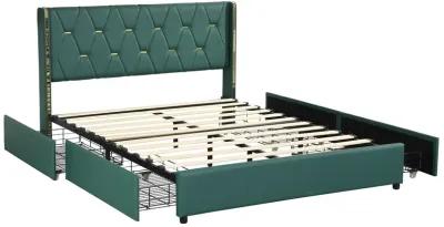 Full Size Upholstered Bed Frame with 4 Drawers-Green